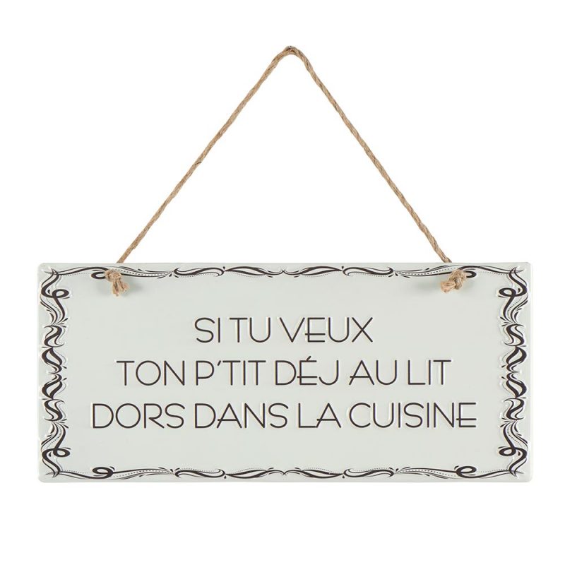 Plaque Murale en Métal "Si tu veux ton p'tit déj au lit dors dans la cuisine" 45x20cm