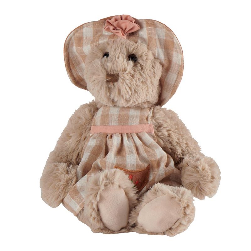 Ours beige Capucine "Louise Mansen" avec Chapeau à Carreaux Marron Clair Robe Assortie Fausse Poche Brodée 2 Fleurs H.33cm