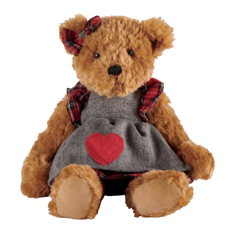 Ours Brun Gladys "Louise Mansen" Robe à Carreaux Rouge avec Tablier Gris et Coeur Plaqué Rouge, Manche à Volant Rouge et Noeud Assorti H.32cm