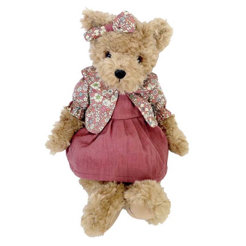 Ours Brun Lilou "Louise Mansen" Robe Rouge avec Gilet Fleuri Col Claudine H.34cm