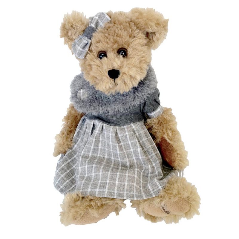 Ours Brun Noelia "Louise Mansen" Robe Grise Carreaux Blancs, Col Fourrure Gris avec Gros Bouton, Noeud Assorti H.28cm