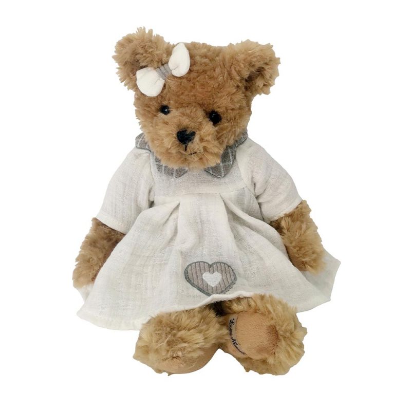 Ours Brun Prisca "Louise Mansen" Robe Grise avec Gros Coeur Gris, Noeud Ecru H.33cm