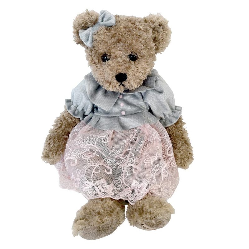 Ours Beige Meryl "Louise Mansen" Robe Voile Rose Brodé et Haut Gris Noeud Assorti H.35cm