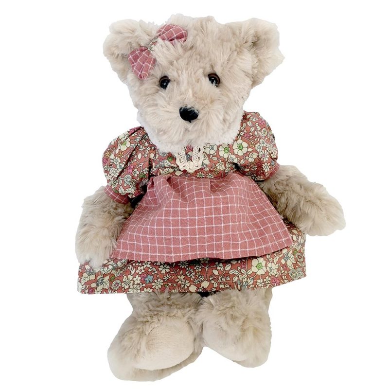 Ours Beige Angèle "Louise Mansen" Robe Fleurie Rose, Tablier Rose à Carreaux Blancs, Dentelle Bas du Tablier, Col Sherpa H.33cm