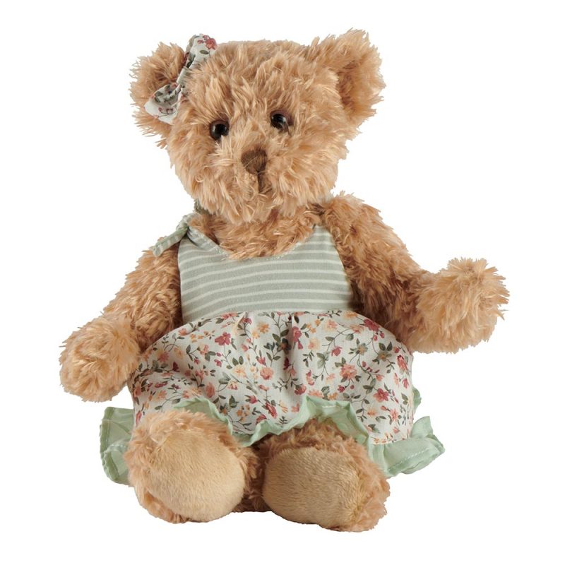 Ours Brun Dariane "Louise Mansen" Robe Sans Manches à Fleurs Roses et Vertes, Haut Vert Pâle, Noeud Fleuri H.32cm