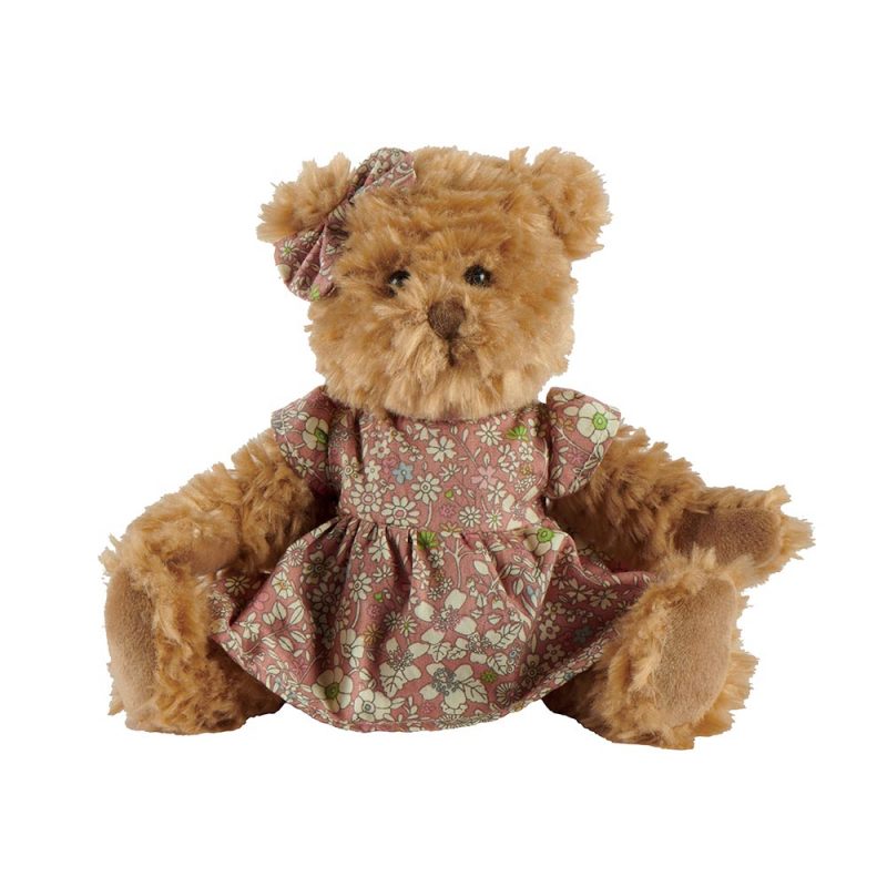 Ours Brun Jaycee "Louise Mansen" Robe Vieux Rose à Fleurs Ecrues, Vertes et Bleues, Noeud Assorti H.20cm