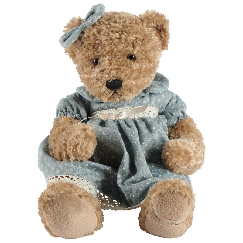 Ours Brun Leora "Louise Mansen" Robe Bleue et Dentelle Ecrues, Noeud Satin H.30cm