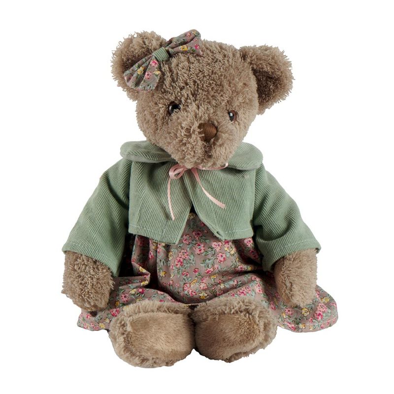 Ours Brun Loéline "Louise Mansen" Robe à Fleurs Roses, Jaunes et Vertes, Gilet Velours Côtelé Vert Clair avec Noeud Satin Rose H.30cm