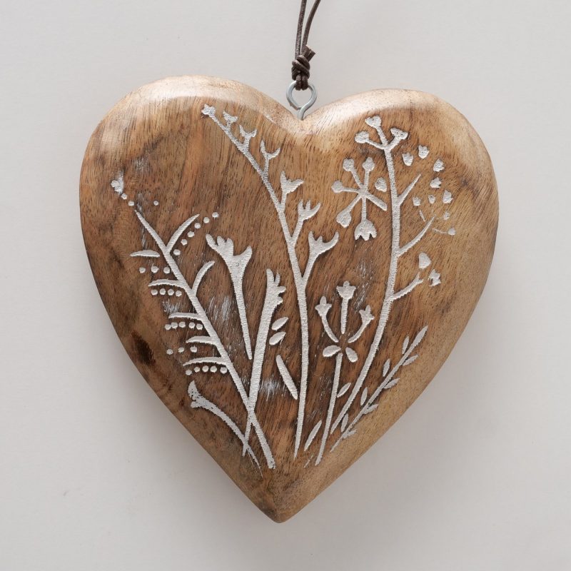 Pendentif Coeur "Fjona" en Bois Manguier Décor Floral H.13cm – Image 2