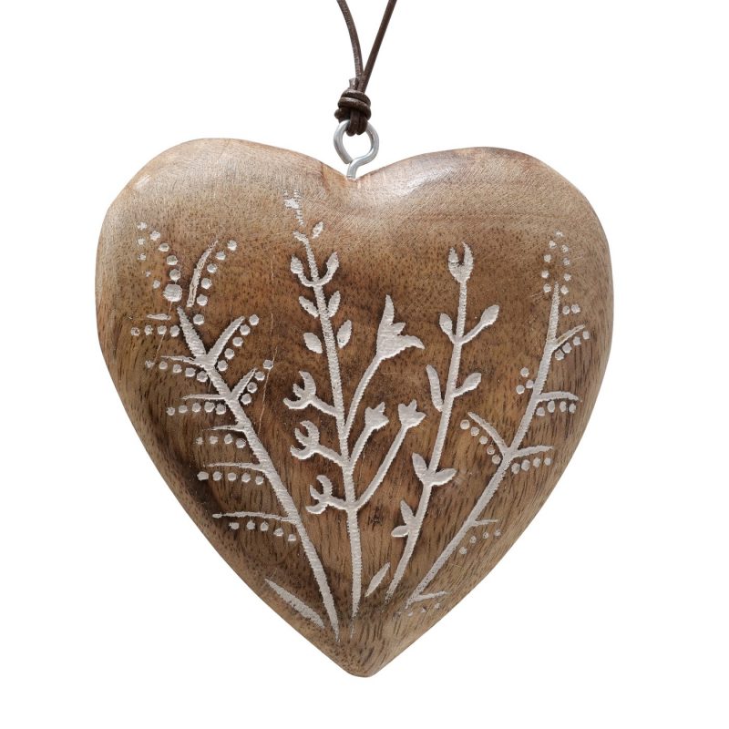 Pendentif Coeur "Fjona" en Bois Manguier Décor Floral H.10cm