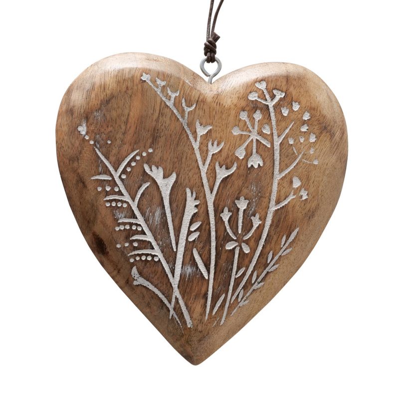 Pendentif Coeur "Fjona" en Bois Manguier Décor Floral H.13cm