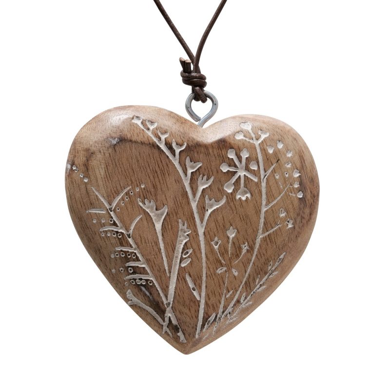 Pendentif Coeur "Fjona" en Bois Manguier Décor Floral H.7cm