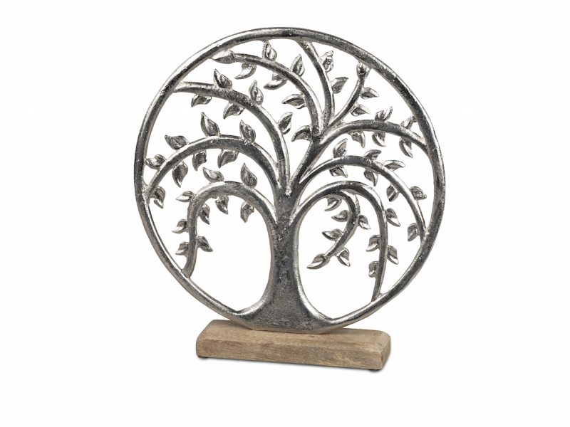 Arbre de Vie dans Cercle en Alu sur Socle en Bois de Manguier H.32cm