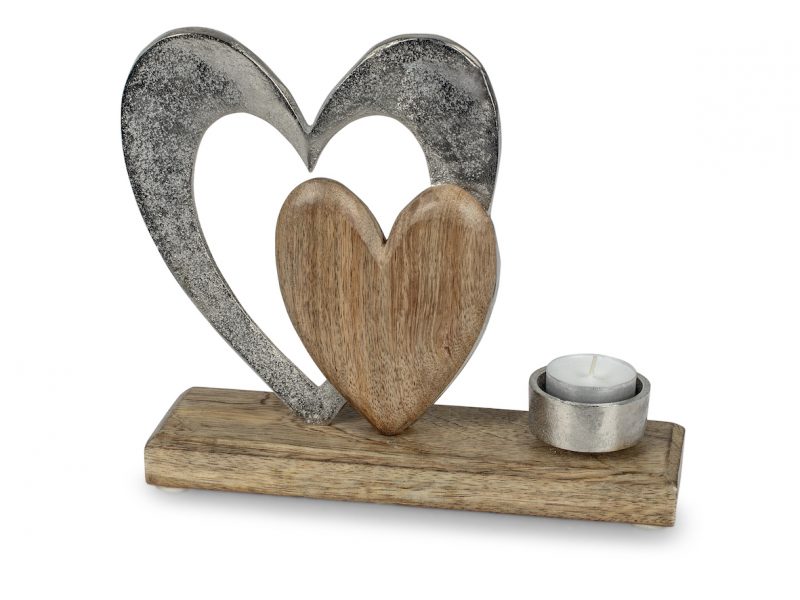 Bougeoir Coeur en Alu et Bois de Manguier H.23cm