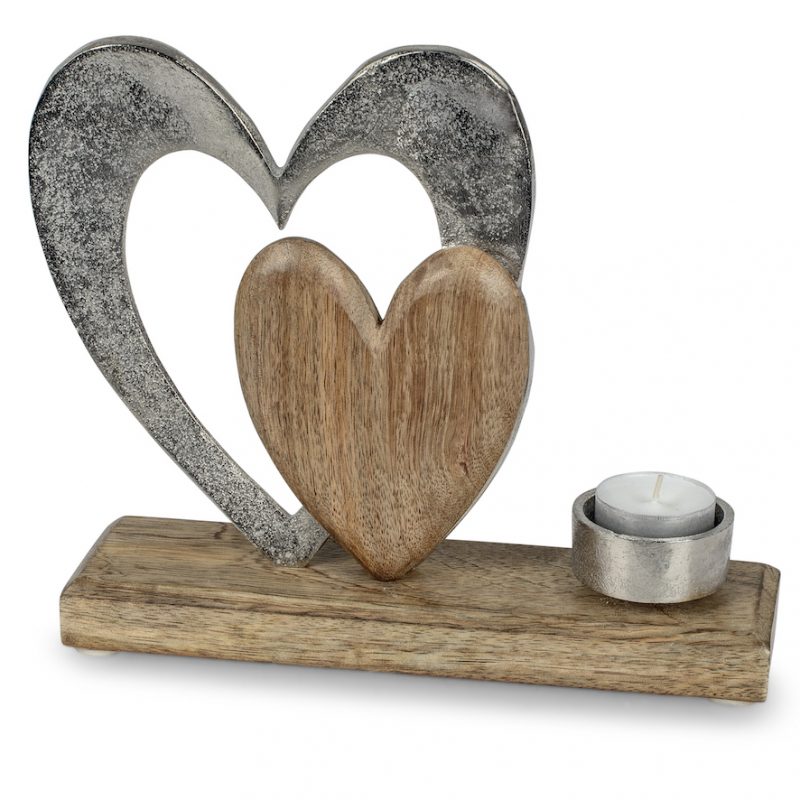 Bougeoir Coeur en Alu et Bois de Manguier H.23cm