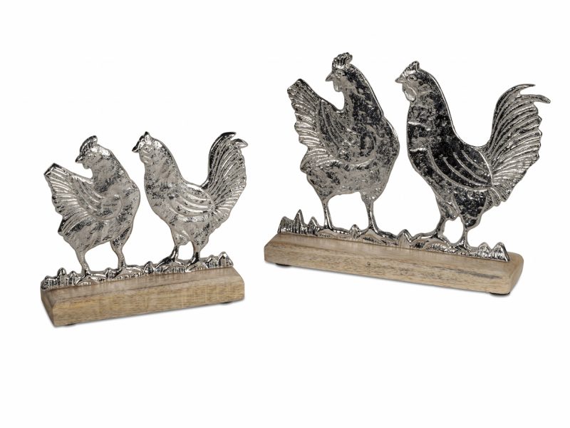 Poules en Alu sur Socle en Bois de Manguier H.16cm