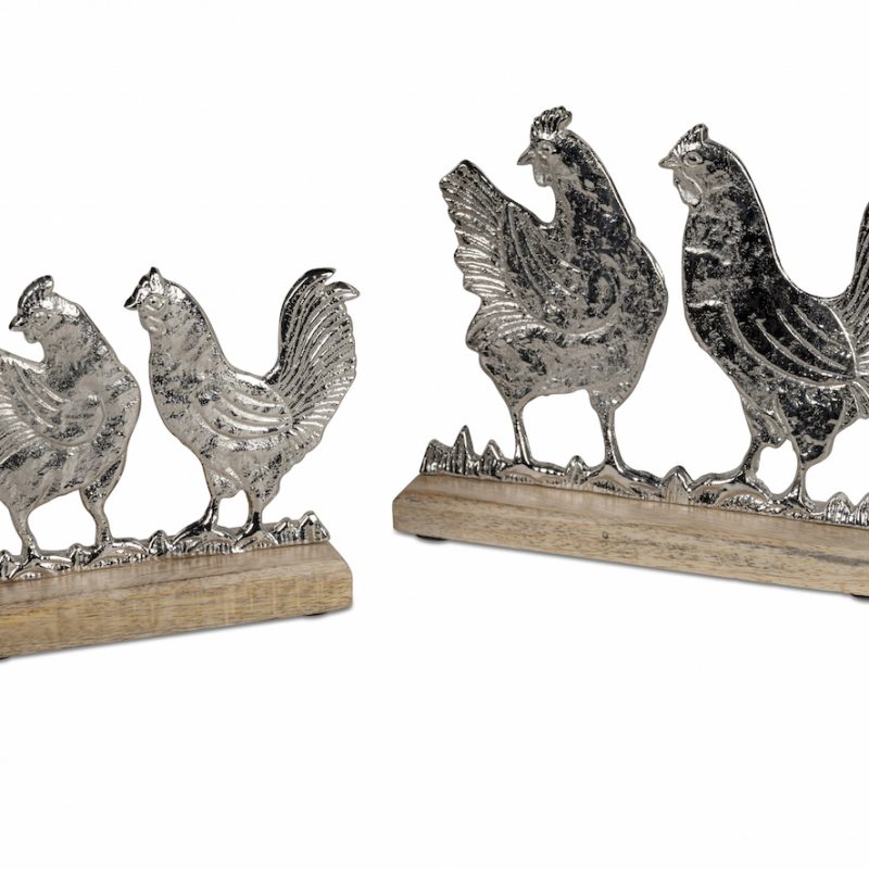 Poules en Alu sur Socle en Bois de Manguier H.16cm