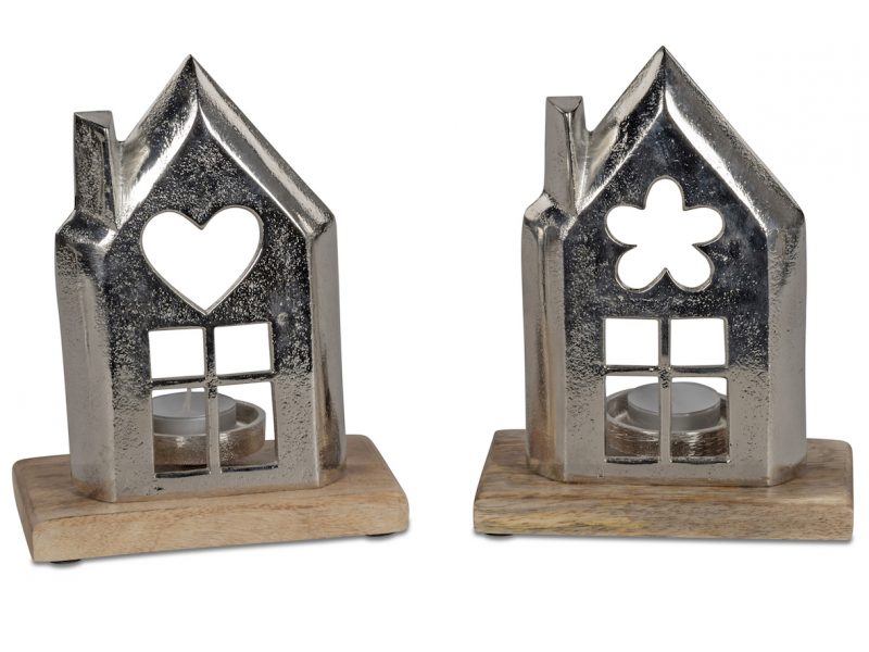 Bougeoir Maison en Alu sur Socle en Bois de Manguier 2 Modèles au Choix H.