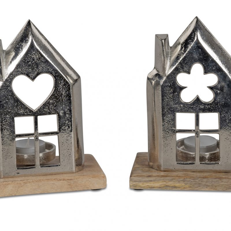 Bougeoir Maison en Alu sur Socle en Bois de Manguier 2 Modèles au Choix H.