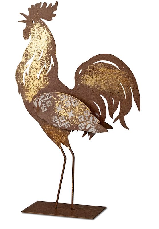Coq en Métal Rouillé Doré sur Socle H.42cm