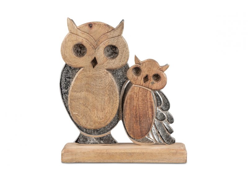 Couple de Hiboux en Alu et Bois de Manguier à Poser H.24cm