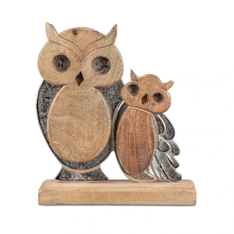 Couple de Hiboux en Alu et Bois de Manguier à Poser H.24cm