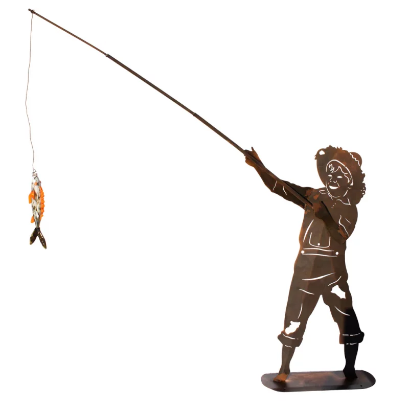 Pêcheur "Tom" avec Canne à Pêche 160cm, sur Socle, en Métal Rouillé, 90xH.122cm