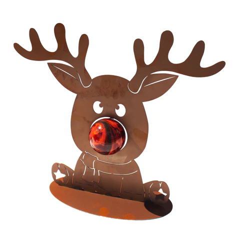 Rudolph avec Nez en Boule de Verre de 7cm, Divers Coloris, sur Socle, en Métal Rouillé 43xH.39cm