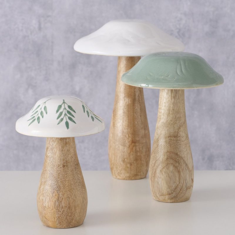 Champignon "Puera" en Manguier et Grés Cerame Blanc Décor Feuilles, H.15cm – Image 7