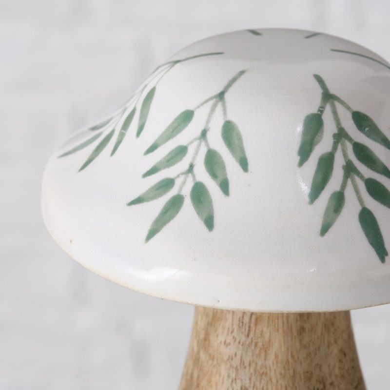 Champignon "Puera" en Manguier et Grés Cerame Blanc Décor Feuilles, H.15cm – Image 6