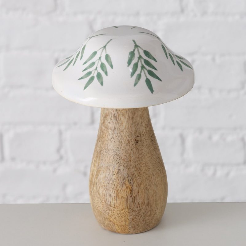Champignon "Puera" en Manguier et Grés Cerame Blanc Décor Feuilles, H.15cm