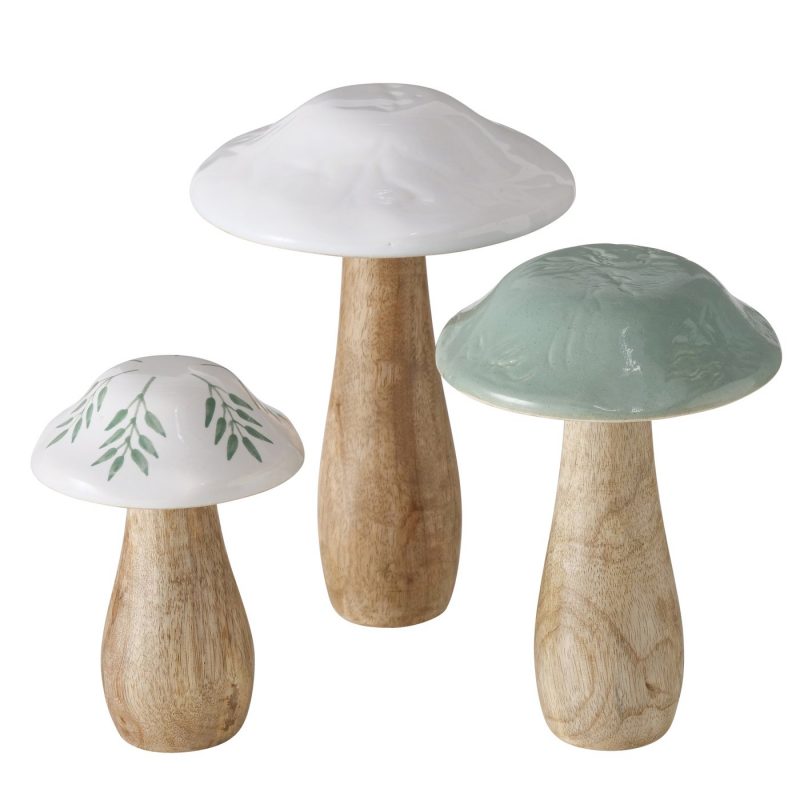 Champignon "Puera" en Manguier et Grés Cerame Blanc Décor Feuilles, H.15cm – Image 3