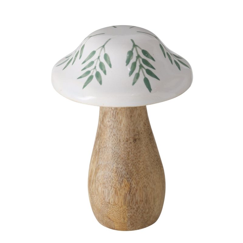 Champignon "Puera" en Manguier et Grés Cerame Blanc Décor Feuilles, H.15cm – Image 4