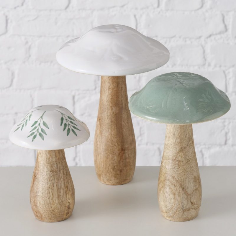Champignon "Puera" en Manguier et Grés Cerame Blanc Décor Feuilles, H.15cm – Image 2