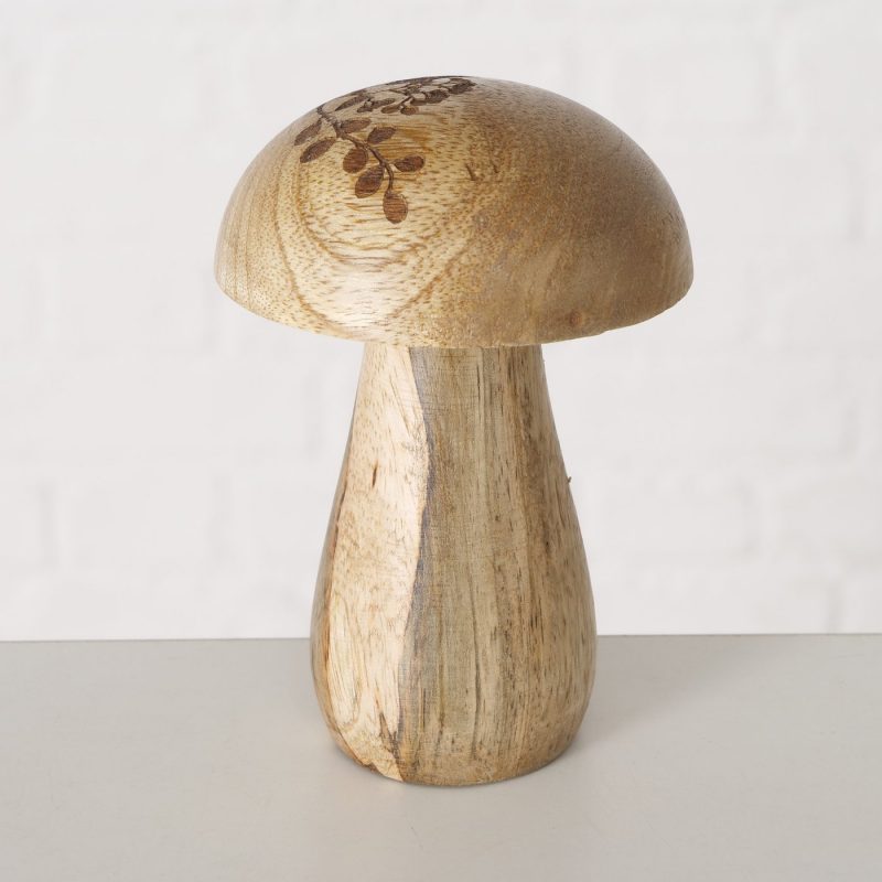 Champignon "Brinja" en Bois de Manguier Naturel et Décor Floral H.12cm
