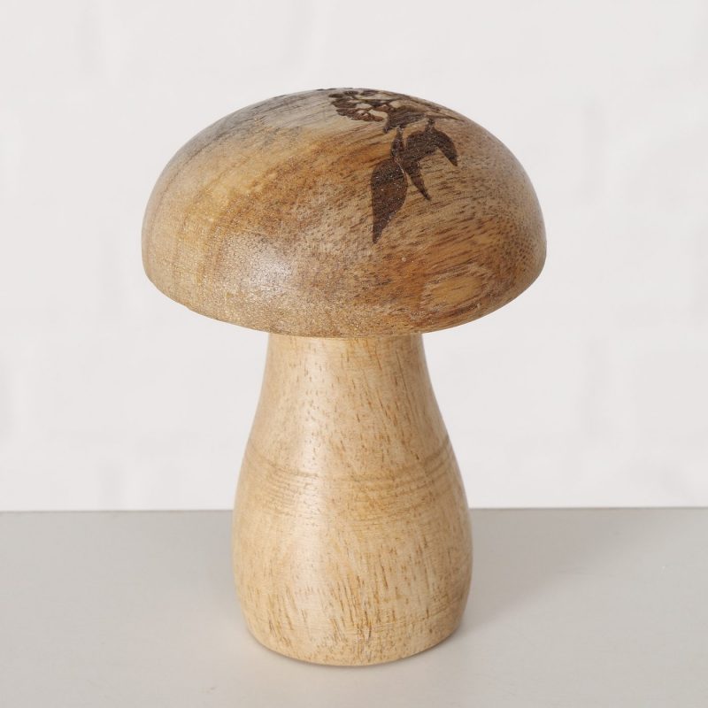 Champignon "Brinja" en Bois de Manguier Naturel et Décor Floral H.9cm