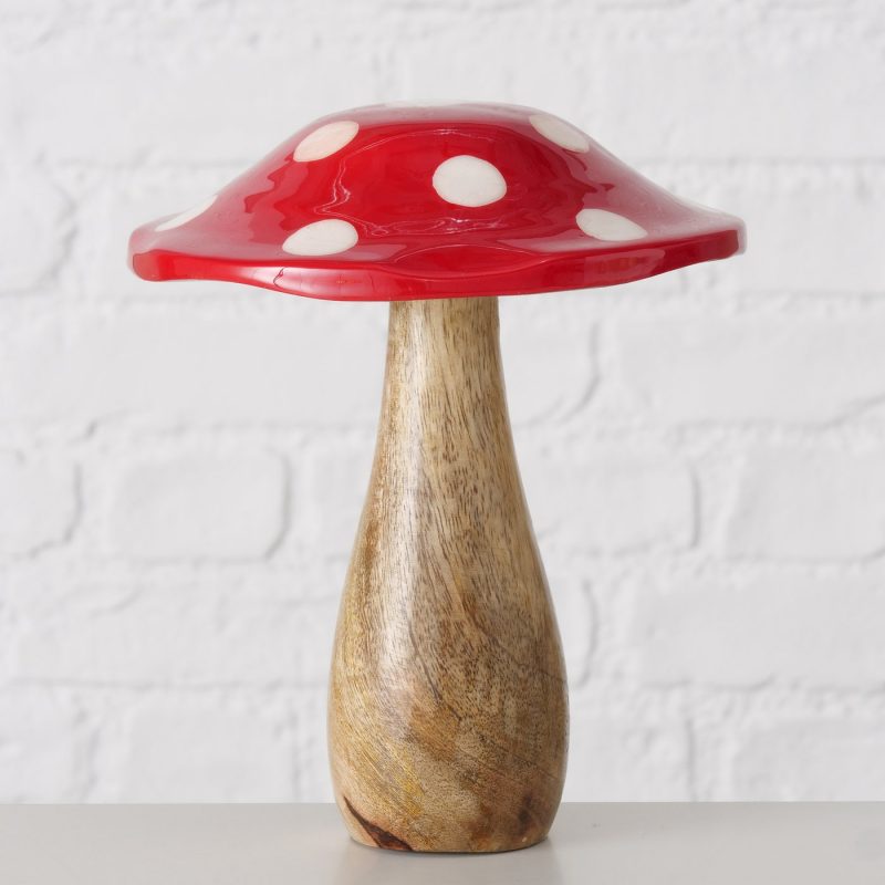 Champignon "Flying" en Manguier, Chapeau Rouge à Pois Blanc, H.19cm
