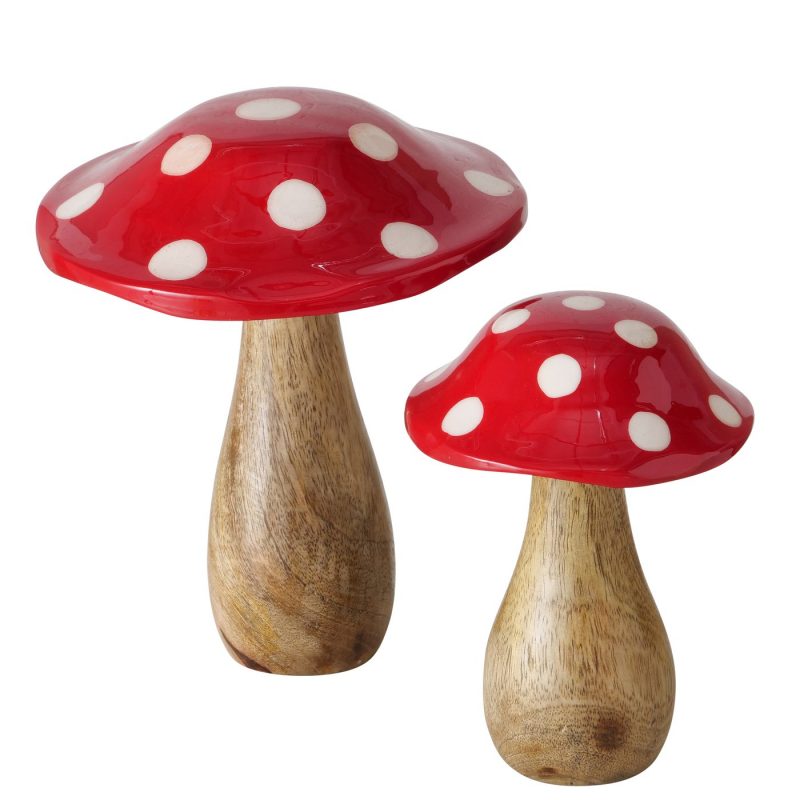 Champignon "Flying" en Manguier, Chapeau Rouge à Pois Blanc, H.19cm – Image 6