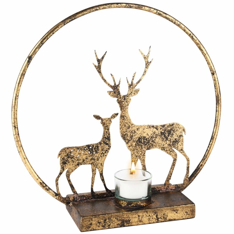 Bougeoir Arche avec Cerfs Métal Antique 30x10x29cm
