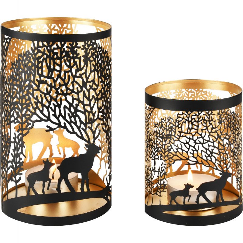 Photophore Tube "Deer Antlers" en Métal Noir & Or, 12x12x20cm