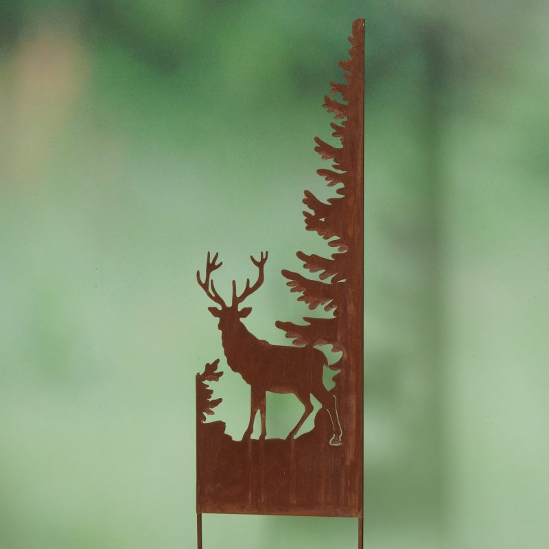 Piquet de Jardin "Marius" Cerf dans Forêt, en Métal Rouillé, H.115cm