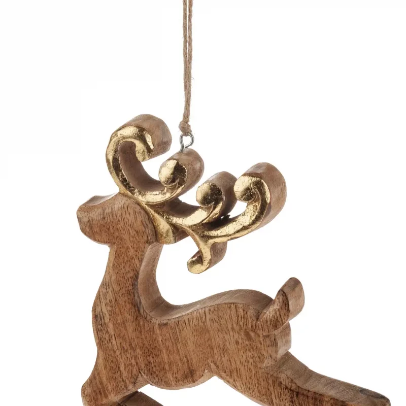 Pendentif Cerf en Bois de Manguier et Doré 13,5x2,5x15,5cm
