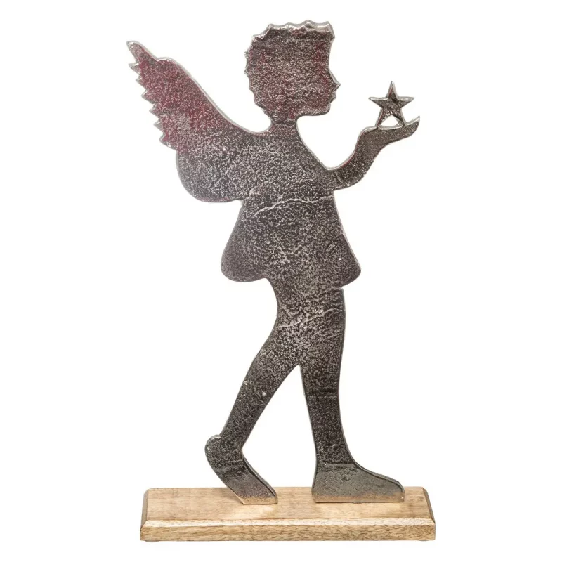 Ange en Métal Argenté sur Socle en Bois H.50cm