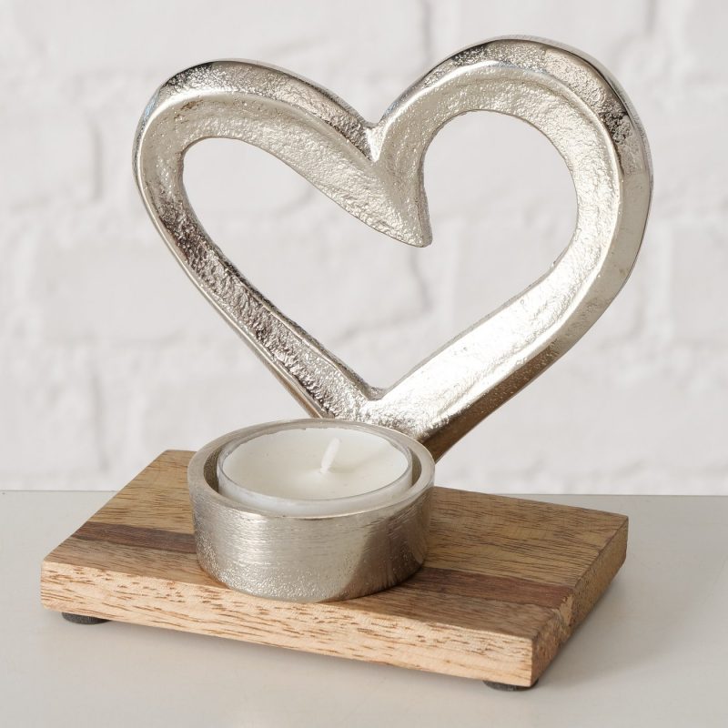 Bougeoir "Violina" Coeur en Métal sur Socle en Bois de Manguier, 7xH.11cm