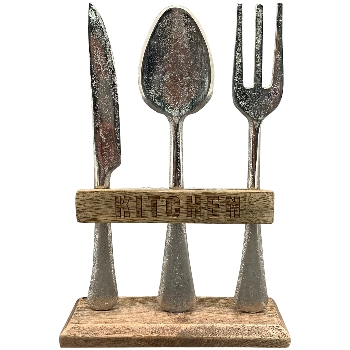 Couverts Décoratifs en Alu sur Socle en Bois, 18,5x5x26cm