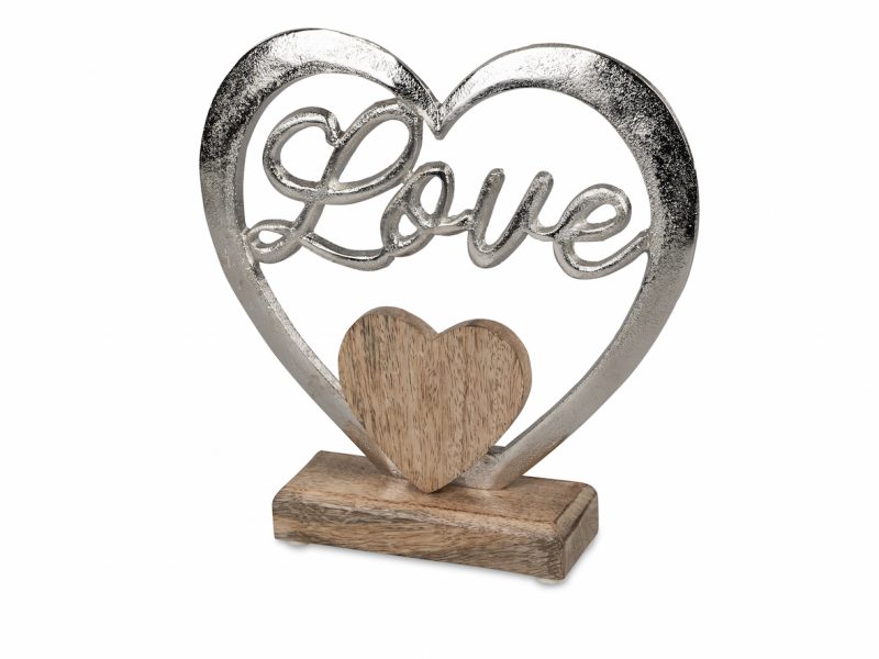 Coeur "Love" en Alu et Bois de Manguier, à Poser, H.22cm