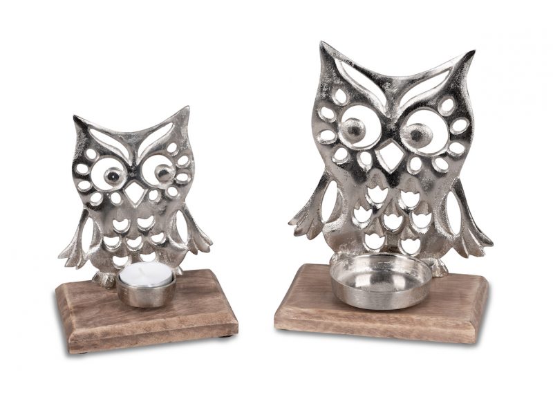 Bougeoir Hibou en Alu sur Socle en Bois de Manguier, H.16cm