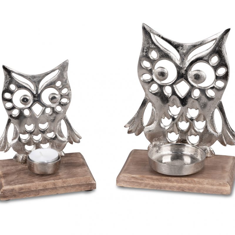 Bougeoir Hibou en Alu sur Socle en Bois de Manguier, H.22cm