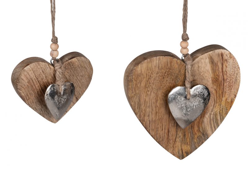 Pendentif Coeur en Alu et Bois de Manguier, H.10cm