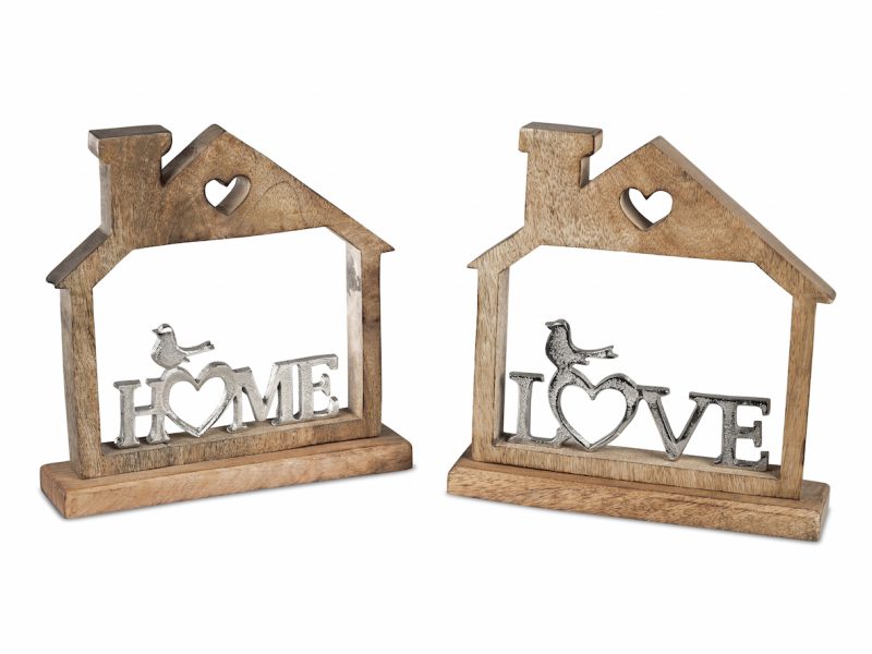 Maison en Bois de Manguier, "Love" ou "Home" au Choix en Alu, H.21cm
